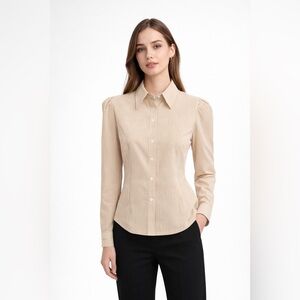 Slim Beige Striped Women's Button Down Shirt